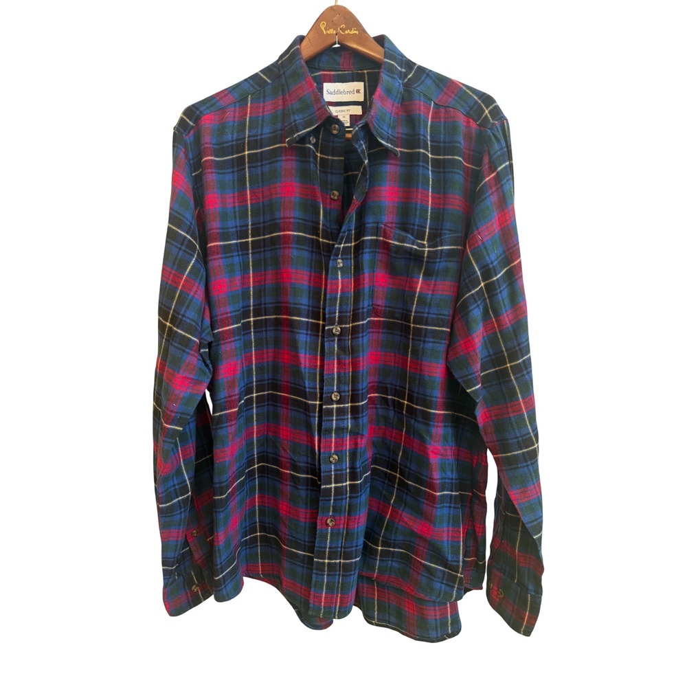 Saddlebred Mens XL Classic Fit Flannel Shirt Blue Red Plaid Long Sleeve Cotton
